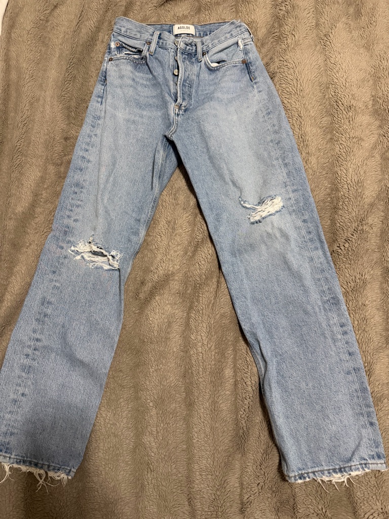 Agolde Light Wash Straight Leg Jeans With Knee Rips